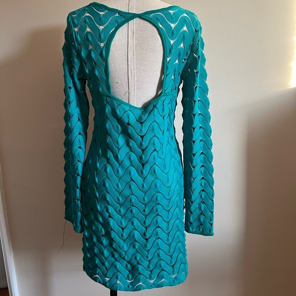 Free People Wild Thing Open Back Knit Long Sleeve Mini Dress Emerald Green - Picture 3 of 5